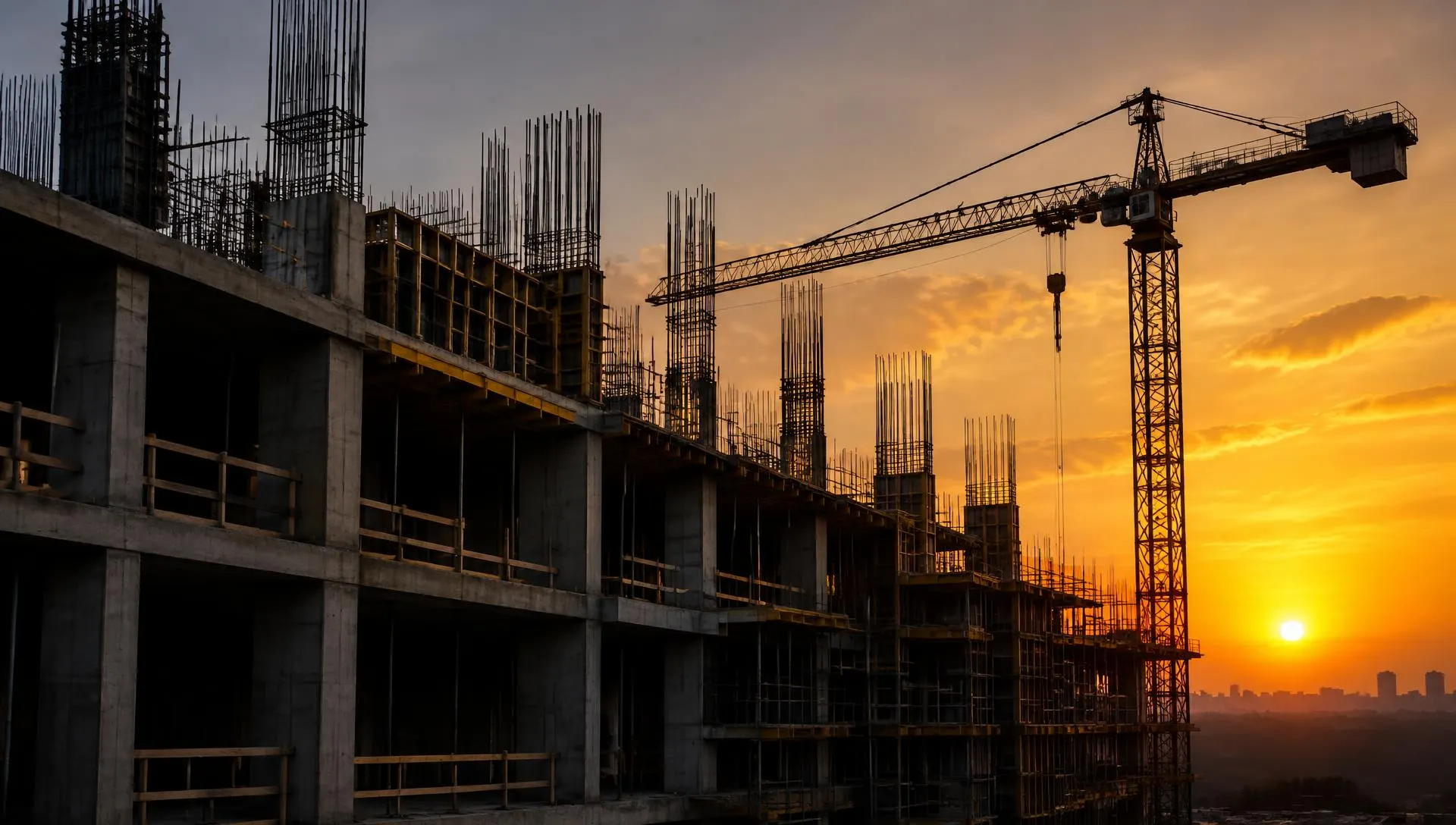 Structură din beton armat în execuție, cu macara turn la apus